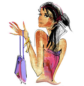 绘图的手提包的女人的画像照片