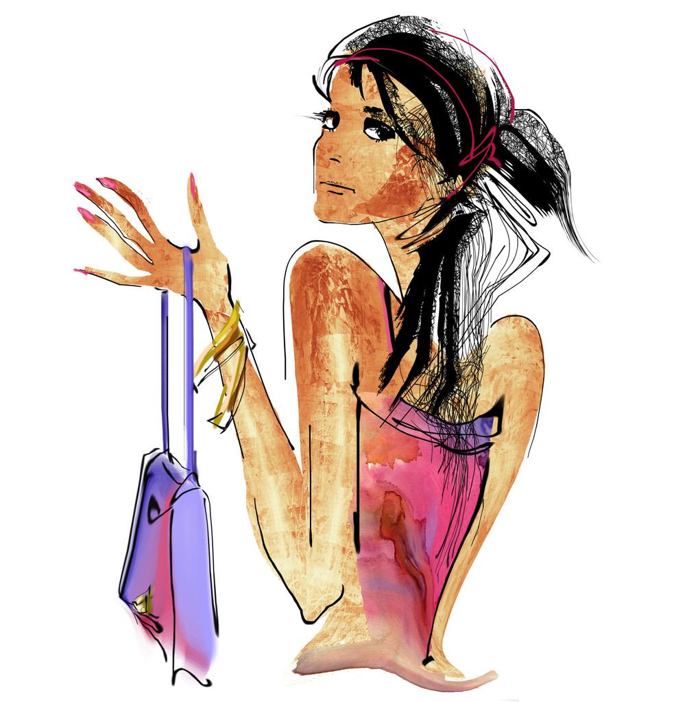 绘图的手提包的女人的画像照片