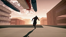 在空城里的街上跑的男人。赶乘飞机