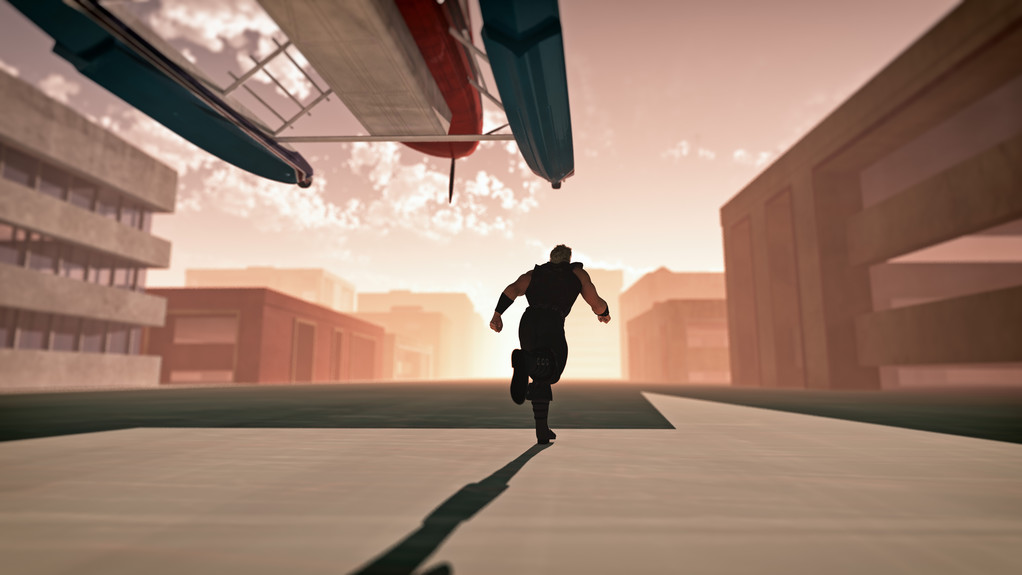 在空城里的街上跑的男人。赶乘飞机