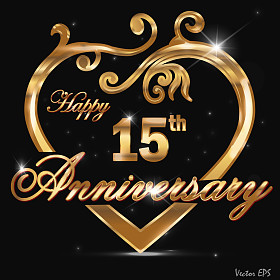 15 年周年金色标签，15 周年装饰金子般的心