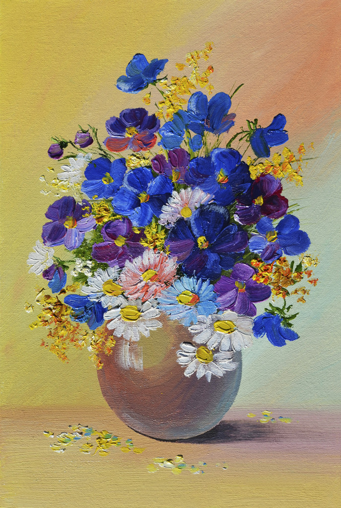油画静物画、 一束鲜花照片 油画静物画、 一束鲜花照片