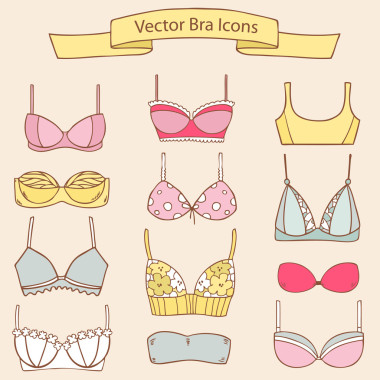 不同時尚女性胸罩圖標集。矢量集合