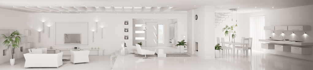 白色内部的现代公寓全景 3d 渲染