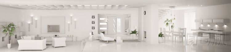 白色內(nèi)部的現(xiàn)代公寓全景 3d 渲染