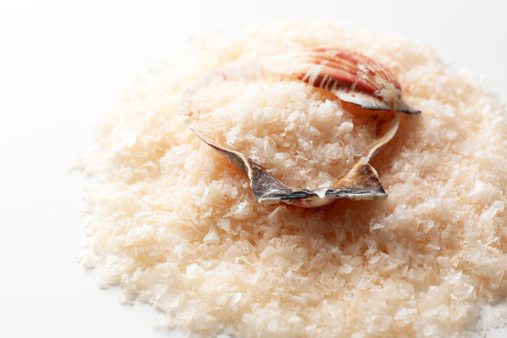 海盐和贝壳,关闭照片 海盐和贝壳,关闭照片