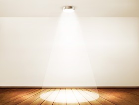 聚光灯与木地板的墙。展厅的概念。矢量