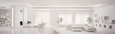 白色內(nèi)部的現(xiàn)代公寓全景 3d 渲染