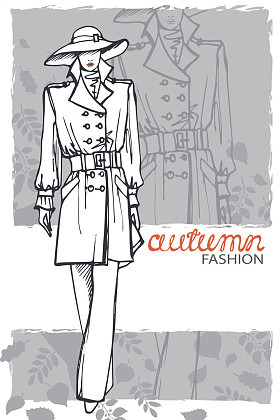 时尚女孩戴着帽子。素描样式