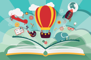 Imagination concept - use balloons, rockets and airplanes to fly an open book