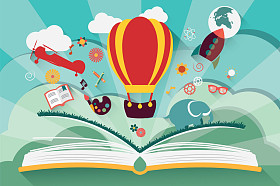 Imagination concept - use balloons, rockets and airplanes to fly an open book