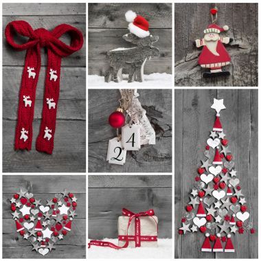 不同的红、 白、 灰色圣诞装饰上的拼贴画