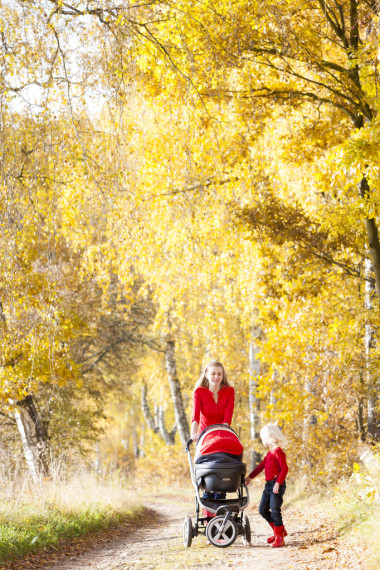 母亲和她的女儿与一辆婴儿车上在秋季巷步