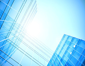 现代玻璃摩天大楼全景视图图片