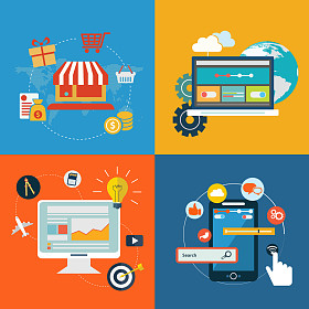 平面设计概念图标,用于 web 和移动电话服务和应用程序的集合。常见问题,时事通讯,支持,接触了,网上支付网关的图标