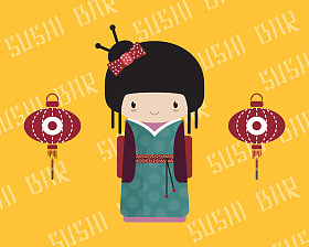 与传统的亚洲灯笼，矢量图的和服 kokeshi 娃娃