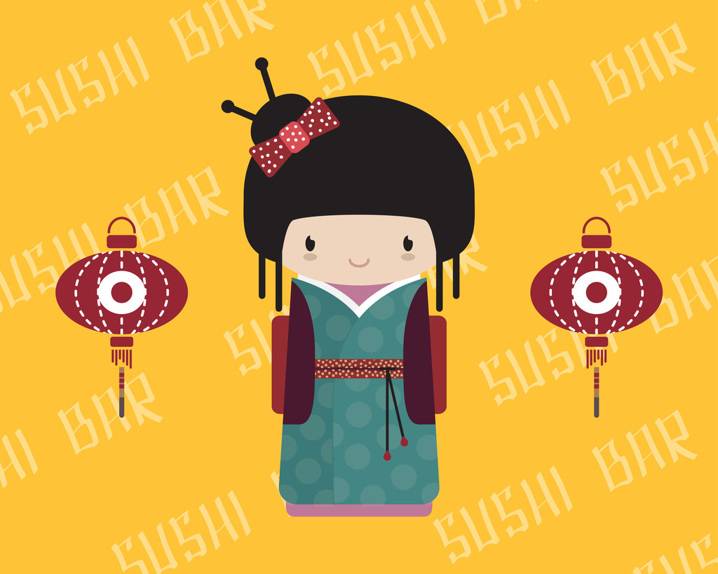 与传统的亚洲灯笼，矢量图的和服 kokeshi 娃娃