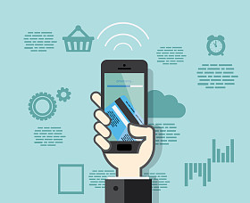 平面设计风格智能手机移动支付的从信用卡