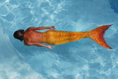 年輕女子美人魚在水中游泳