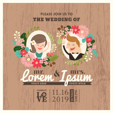 可爱的新郎与新娘卡通婚礼邀请卡