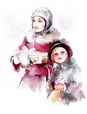 母亲带着女儿举行礼