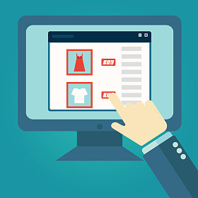 在线购物过程网站项目买点击支付平现代设计概念矢量图标。Web 横幅图网站点击图表电子商务业务存储接口