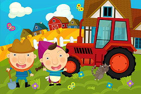 农夫和他的妻子附近的拖拉机图片