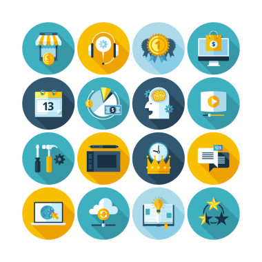 现代平面圆图标矢量集合长阴影效果在时尚颜色的 web 设计对象、 商业、 办公及营销项目。白色背景上孤立