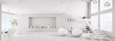 白色內(nèi)部的現(xiàn)代公寓全景 3d 渲染