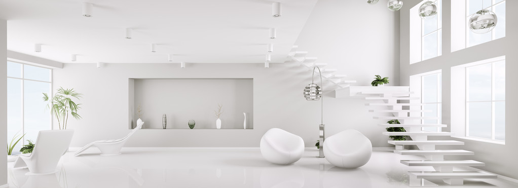 白色内部的现代公寓全景 3d 渲染