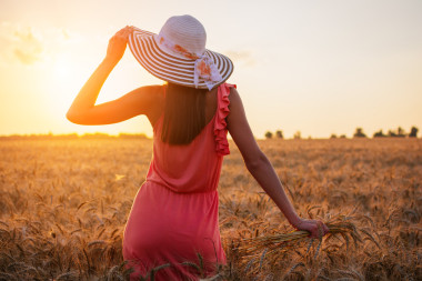 美麗的年輕女子，與布朗聽(tīng)到穿著玫瑰衣服和帽子享受戶外期待完美麥田太陽(yáng)日落