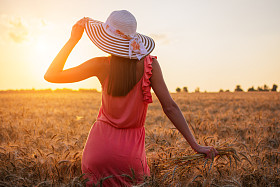 美丽的年轻女子，与布朗听到穿着玫瑰衣服和帽子享受户外期待完美麦田太阳日落
