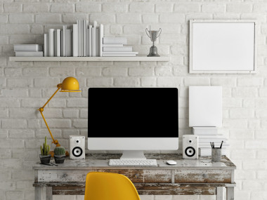 模擬了工作空間，監(jiān)視器在桌子上，3d 圖