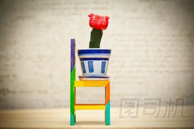 玩具的木制椅子，在一盆仙人