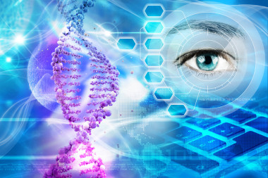 Dna 螺旋結(jié)構(gòu)和人眼在抽象的藍色背景