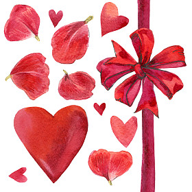 情人节那天设置为装饰。漂亮的蝴蝶结，红色的心和玫瑰花瓣。水彩