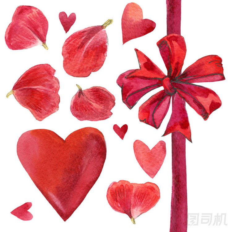 情人節(jié)那天設(shè)置為裝飾。漂亮的蝴蝶結(jié)，紅色的心和玫瑰花瓣。水彩