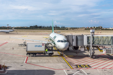 ALITALIA飞机停在候机楼。飞行前的装载和维修操作