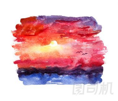 水彩風(fēng)景。山上的日落