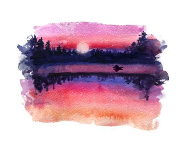 水彩風景。湖上的日落.圖片