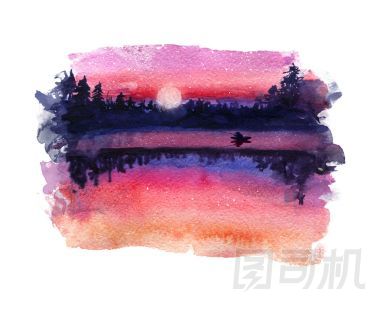 水彩風(fēng)景。湖上的日落.圖片