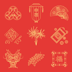 黄色金大纲对红色中国新年图标集
