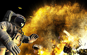 在开放空间中的事故。陨石到达太空飞船。宇航员在太空中独自