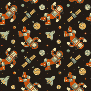 無縫炫彩花紋可愛涂鴉宇航員、 飛船與行星