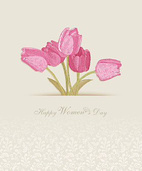 妇女节快乐一天背景与春天的花朵。3 月 8 日。与文本妇女节的贺卡