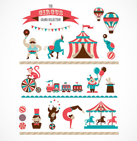 老式的大马戏集合与嘉年华、 嘉年华、 矢量图标和背景
