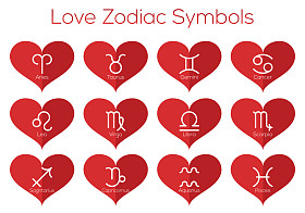 爱的星座符号。占星学个星座。向量组的扁薄线图标在红色的心