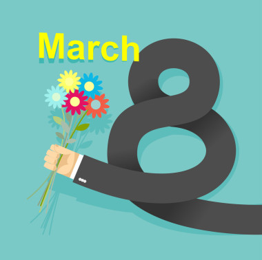 3 月 8 日。商人手抱著花束