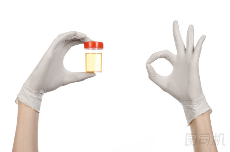 醫(yī)療主題: 醫(yī)生的手中抱著一個透明的容器與尿液分析的白色背景上的白手套