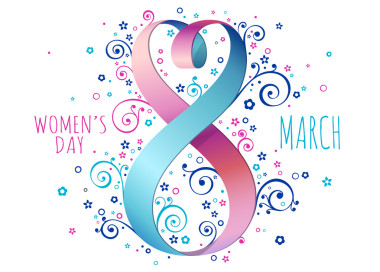 3 月 8 日，女人的一天。心與絲帶矢量賀卡